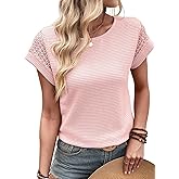 Dokotoo Womens Summer Tops 2026 Waffle Knit Lace Hollow Out Short Sleeve T-Shirts Crewneck Casual Loose Basic Tee Blouses