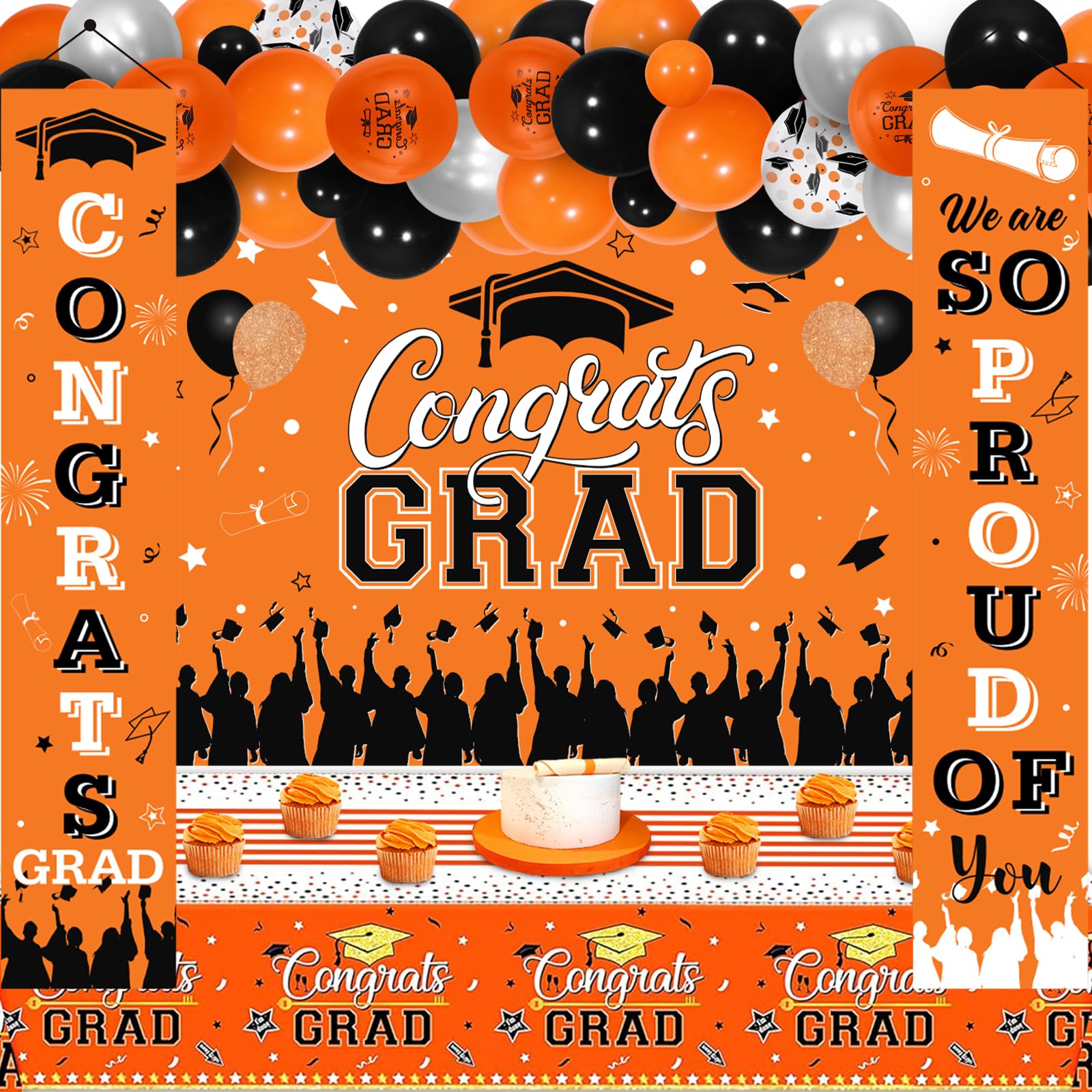 Wonmelody Black and Orange Graduation Party Decorations Set 2025 Graduation Congrats Grad Backdrop We Are So Proud Of You Door Banner Table Cover 2025 Graduate Balloon Kit Graduation Decoration