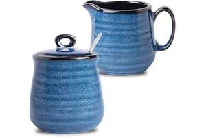 Tikooere Ceramic Sugar and Creamer Set, 11 oz Sugar Bowl with lid and 10 oz Creamer Pitcher, Farmhouse Milk Pitcher and Sugar Dispenser for Coffee Bar, Dishwasher Safe, Blue