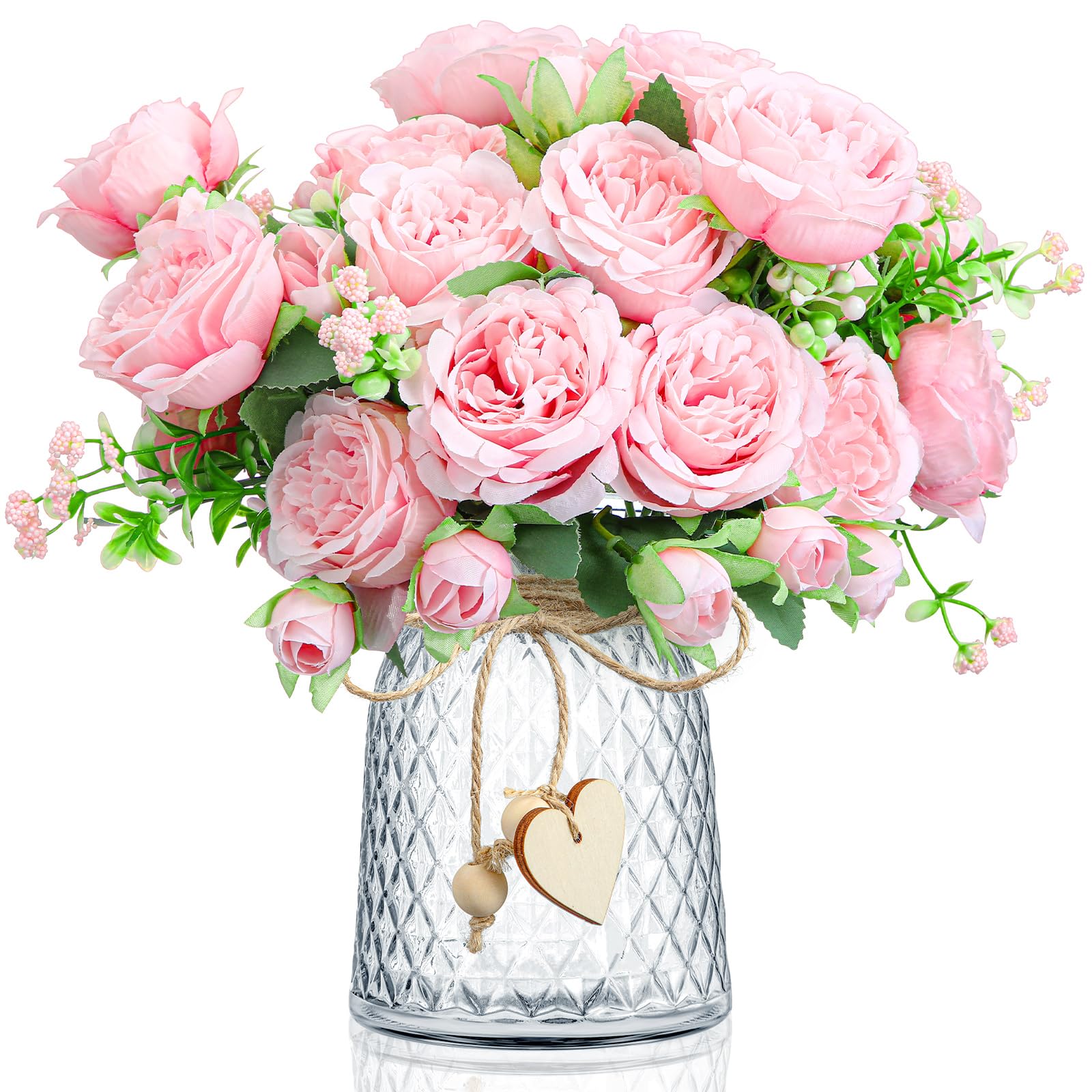 Photo 1 of Maysing 4 Bouquets Artificial Peonies Silk Flowers with Vase Faux Flower Arrangement with Vase Pink Floral Arrangement Decor for Home Boho Wedding Table Centerpiece Dining Room Office Kitchen Bathroom