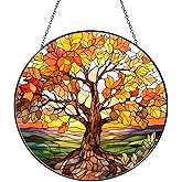 RVEAFA Sunset Fall Leaves Stained Glass Window Hanging Fall Sun Catcher Decor Autumn Gifts for Women Rustic Suncatchers for Garden Home Windows Hanging Decoration, 7.87inch