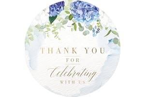 Mobiusea Creation Blue Floral Thank You for Celebrating with us Stickers | 2 inch | Gold Foil | 60pcs Waterproof Thank You St