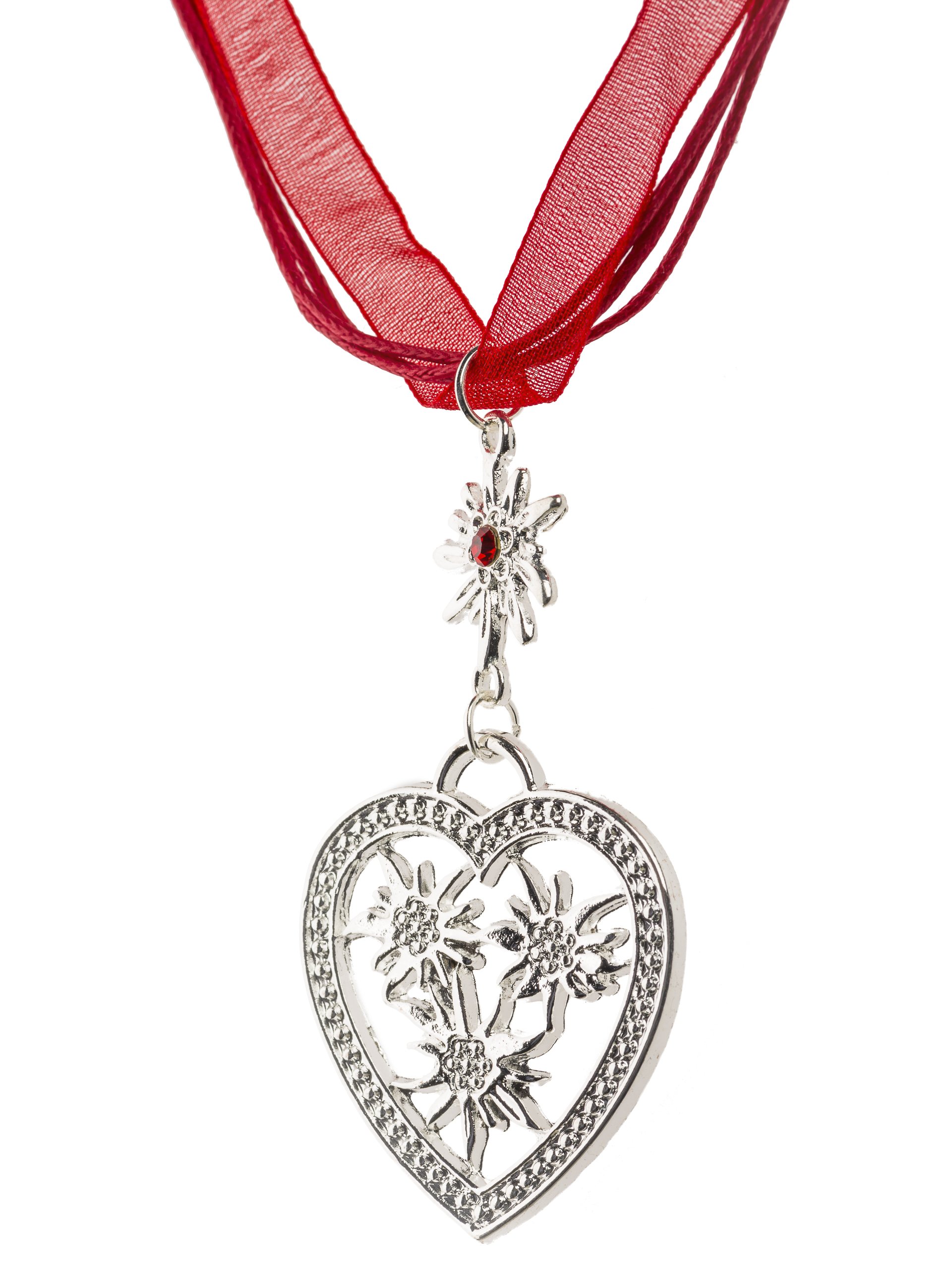Costume Necklace Edelweiss Heart Heart Pendant – Costume Jewellery Necklace for Dirndl and Leather Trousers - red - One size