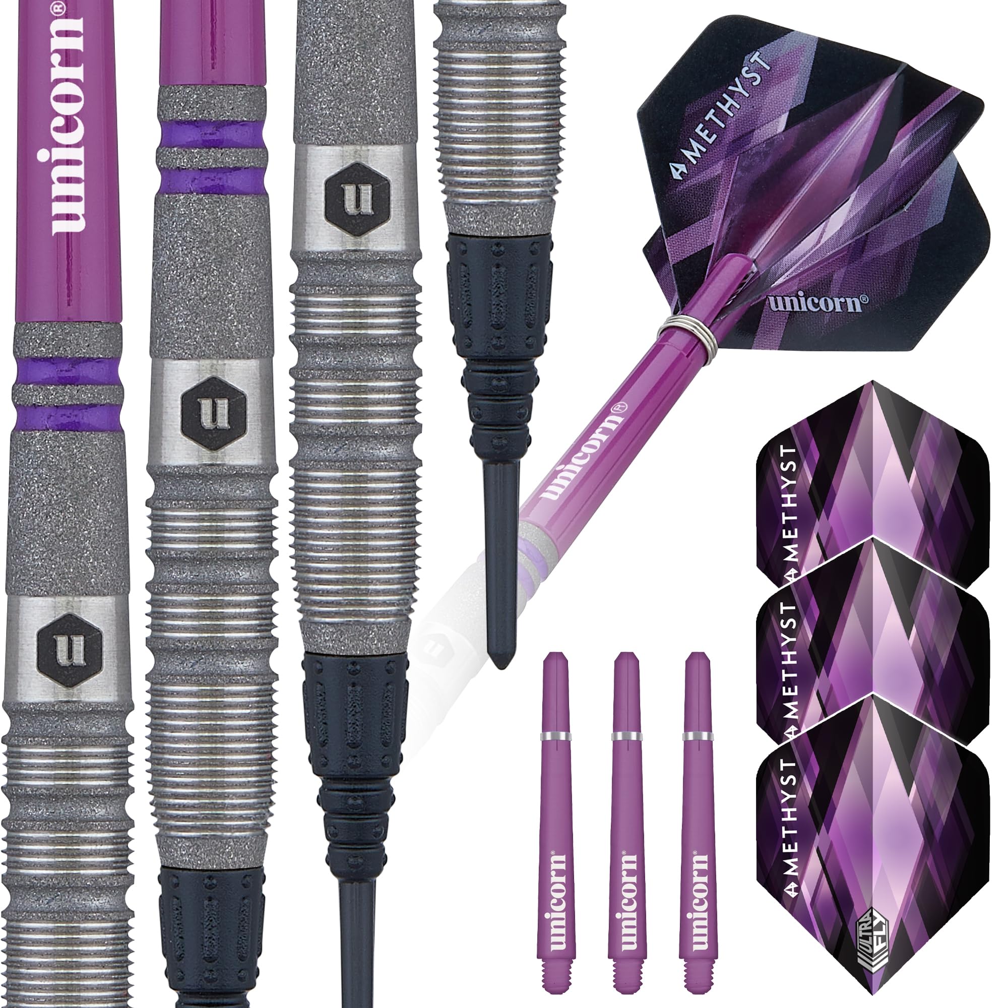 Unicorn Professional Darts Set | Amethyst 3 | 80% Natural Tungsten Gripper Finish Barrels with Purple Accents & Laser Etched U Logo Hallmark | Soft Tip Epic Points | 19 g