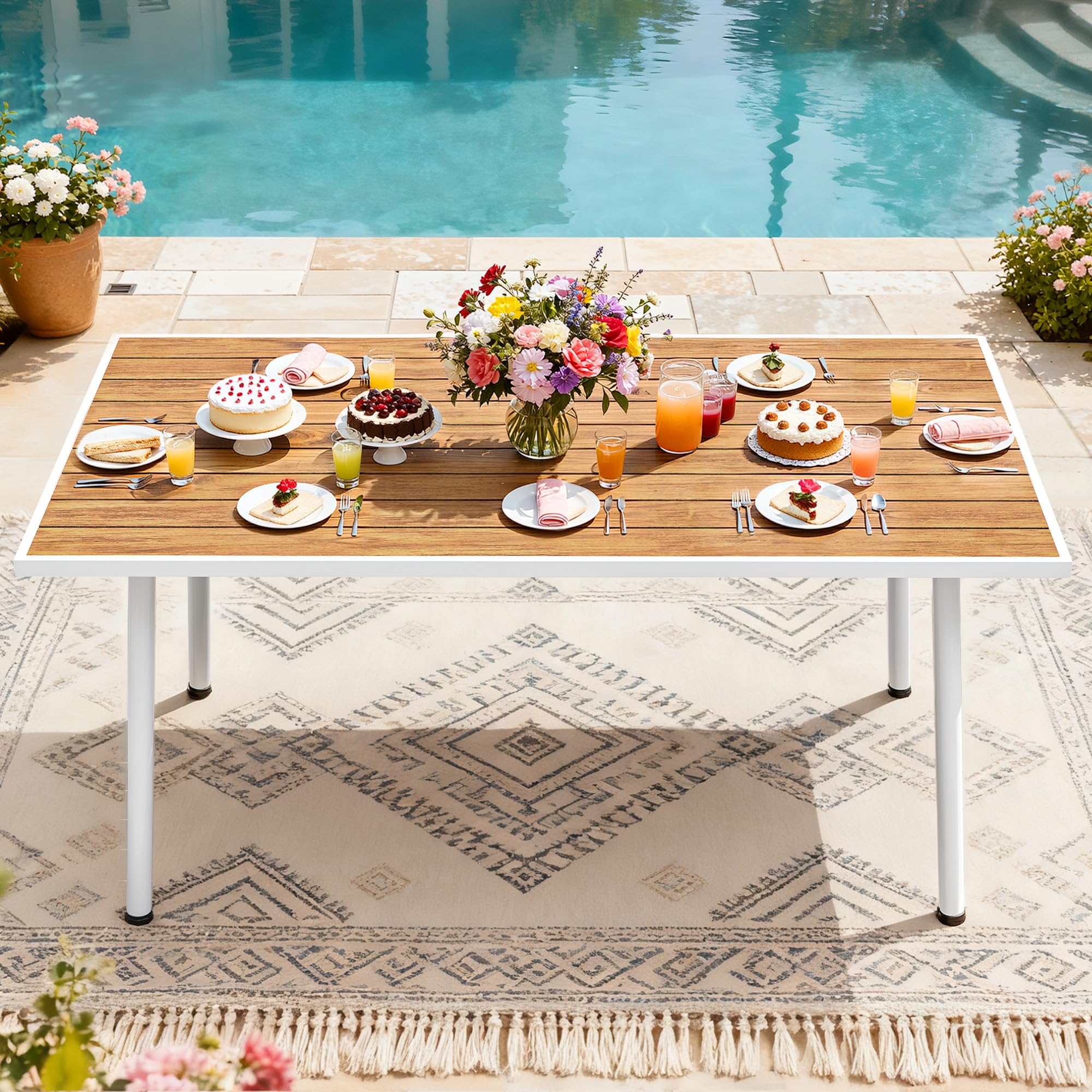 Photo 1 of **MISSING WOOD ON ONE SIDE ROW*** EYITAHOME Patio Table Rectangle 59"x34.2" Outdoor Table with Umbrella Hole & Adjustable Feet Patio Dining Table for 6 All-Weather Outdoor Patio Table with Metal Frame for Lawn Garden Backyard