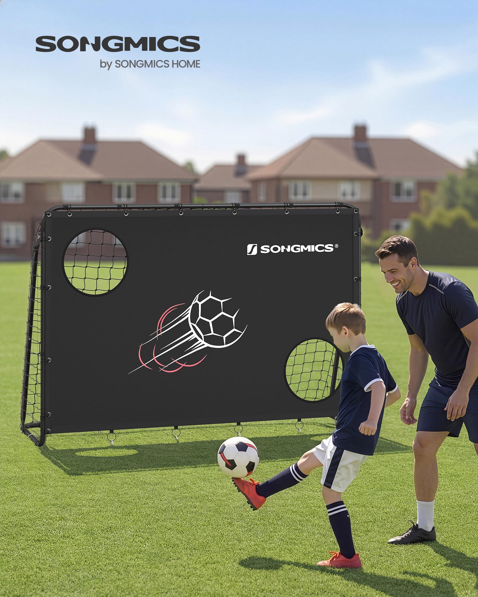SONGMICS Fußballtor, mit Torwand, für alle Altersgruppen, Stahlrohre, PE-Netz, Outdoor, Garten, Strand, ‎215 x 76 x 150 cm, 2 Zielöffnungen mit Zählfunktion, schwarz SZQ215B02 2