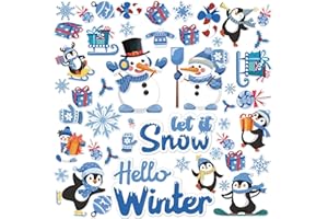 Cholemy 58 Pcs Winter Window Gel Clings Blue Snowflake Thick Gel Cling Let It Snow Snowman Window Sticker Removable Reusable Penguin Decal for Home Classroom Glass Winter Party Decor