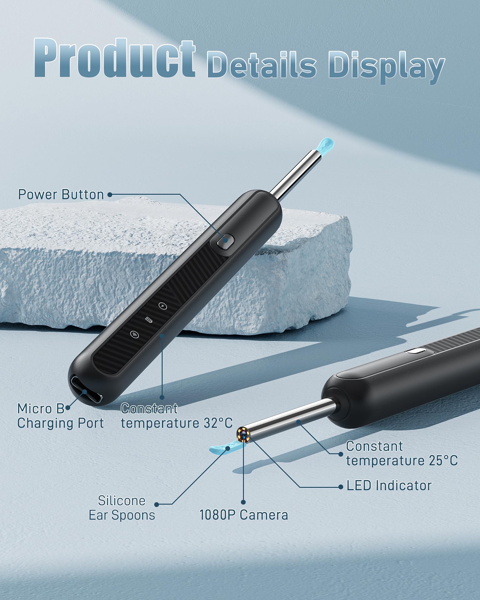 Loyker Ear Wax Removal Tool Camera, FSA HSA Eligible, Ear Cleaner with 1080P Camera, Earwax Removal Cleaning Kit with 6 Ear Pick, Otoscope for iPhone, iPad, Android Phones, Black