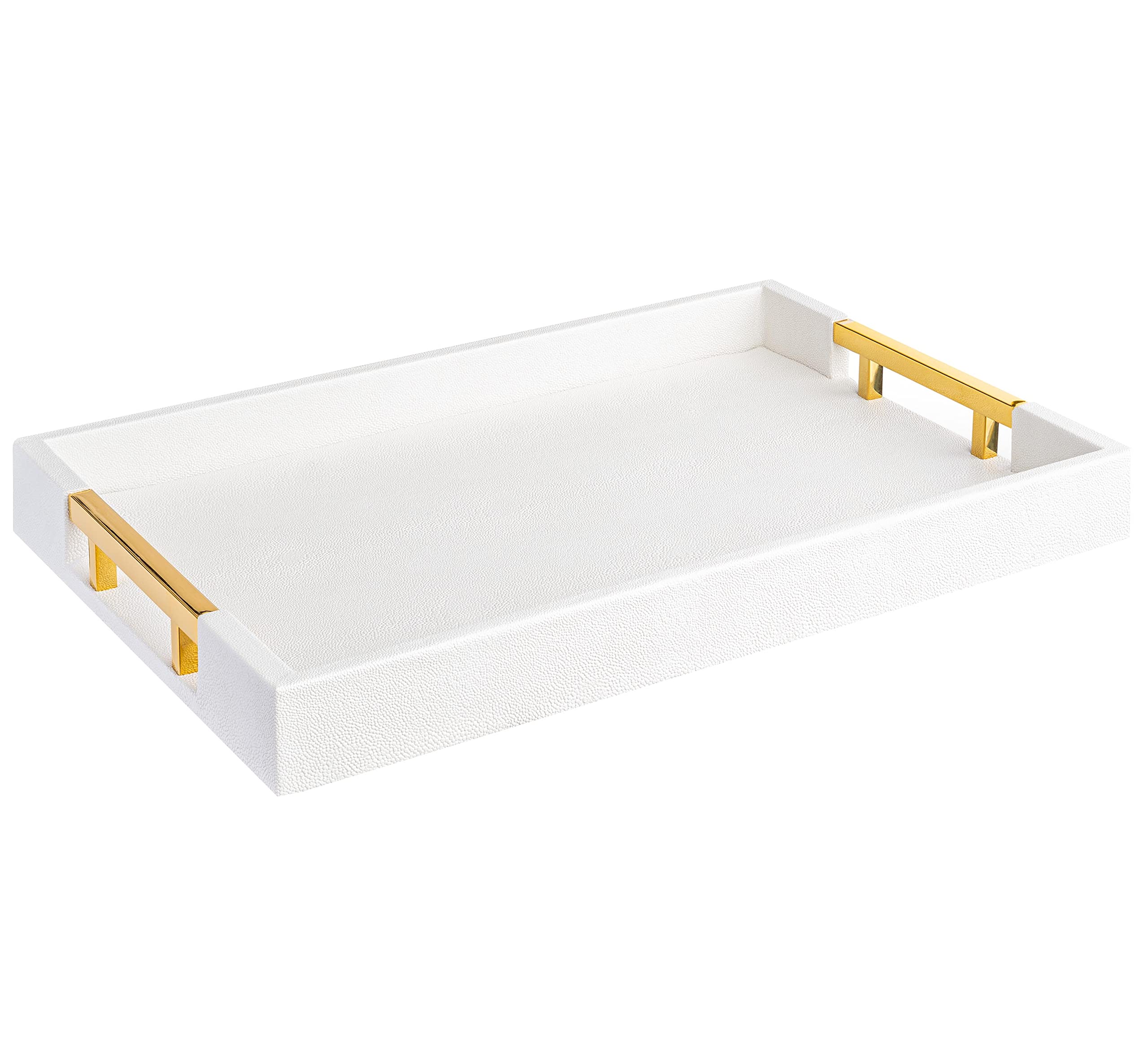 Photo 1 of Home Redefined Modern Elegant 18"x12" Rectangle Glossy Faux Leather Shagreen White Decorative Serving Tray with Gold Polished Metal Handles For Ottoman Coffee Table Perfume