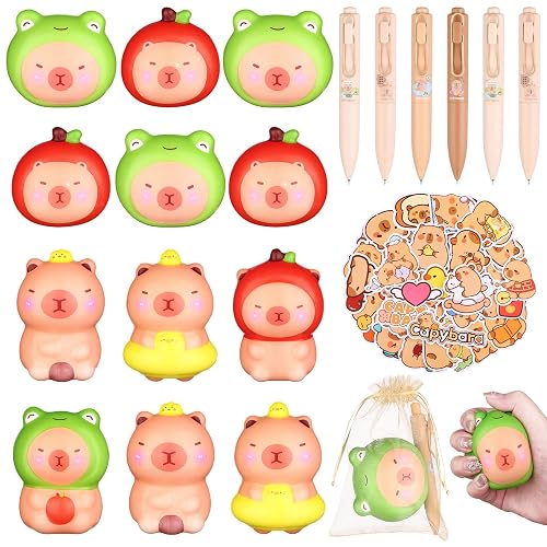 86 PCS Capybara Squeeze Toys Gifts Includes 12 Capybara Pens,12 Cartoon Squishy Toys,50 Stickers,12 Golden Organza Bag for Birthday Party Favours Decorations