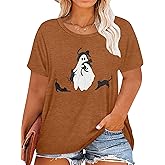 Plus Size Halloween Shirts for Women Spooky Season Tshirt Fall Pumpkin T-Shirt Ghost Graphic Tees Short Sleeve Tops(Brown2,3X-Large)
