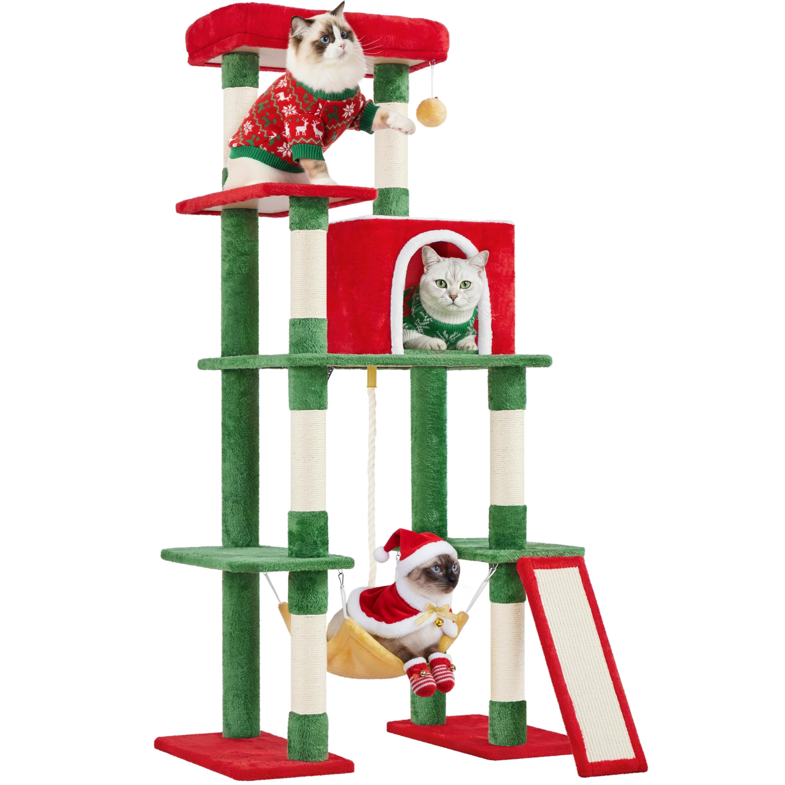 Yaheetech 63in Christmas Cat Tree with Cozy Condo, 7 Scratching Posts, Scratching Ladder, Hammock, Large Cat Tower Holiday Pet Climbing Furniture for Kittens to Play and Sleep Image