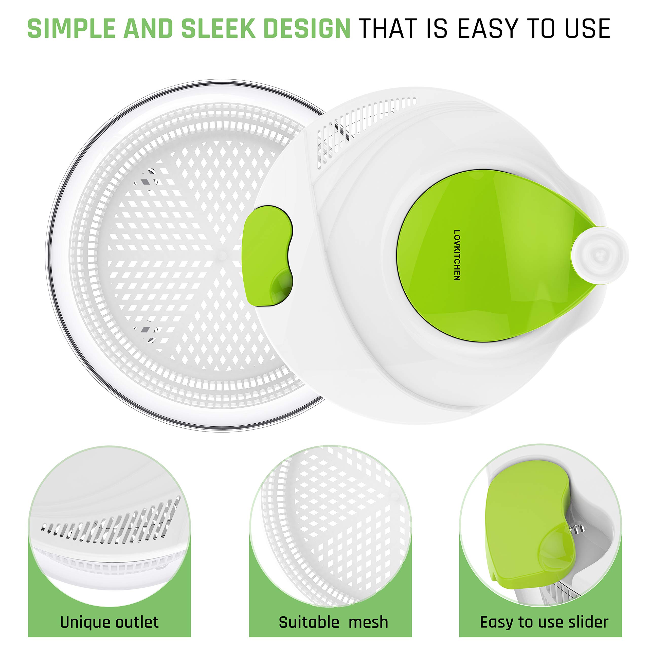 LOVKITCHEN Plastic Kitchen Large Salad Spinner - 4 Quarts Fruits and Vegetables Dryer Quick Dry Design BPA Free Dry Off & Drain Lettuce and Vegetable - Green-White