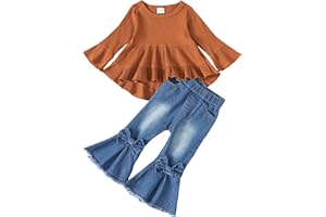 Kucnuzki Toddler Baby Girls Clothes Long Sleeve Shirt Top Flare Denim Jeans Cute Outfit Baby Girl Fall Winter Clothes