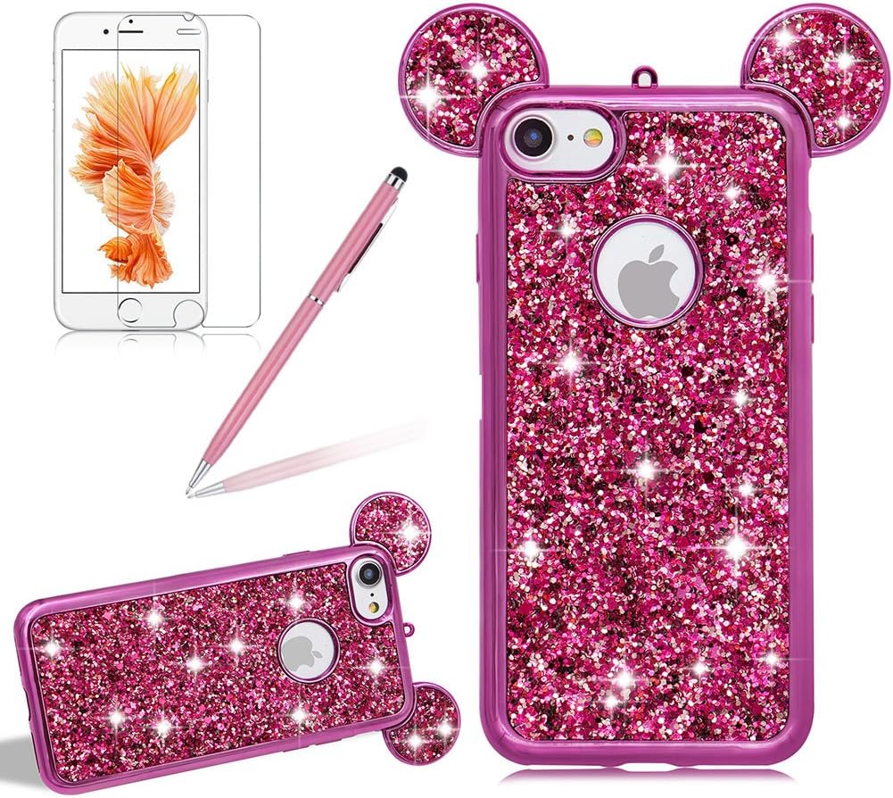 Girlyard for iPhone 6 / iPhone 6S Bling Diamond Silicone Case Cover Shiny Crystal Rhinestone Mouse Ears Soft TPU Protective Case 3D Novelty Design Ultra Slim Plating Frame Cover Rose Red
