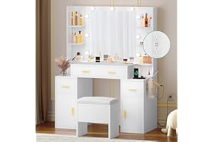 YITAHOME Makeup Vanity Desk with Mirror and Lights, Large Vanity Set with Charging Station, Dressing Table with Storage Bench, Makeup Vanity Mirror with Shelf and Drawers, 3 LED Lights Modes, White