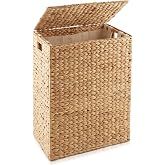 Casafield Large Laundry Hamper with Lid and Removable Liner Bag - Natural, Woven Water Hyacinth Rectangular Laundry Basket Sorter for Clothes and Towels