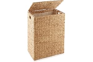 Casafield Large Laundry Hamper with Lid and Removable Liner Bag - Natural, Woven Water Hyacinth Rectangular Laundry Basket Sorter for Clothes and Towels