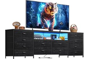 EnHomee Fits 65,70 inch Tv Stand for Bedroom 63" W Dresser Tv Stand with LED Lights & Power Outlets Black Chest of Drawers with 12 Long Fabric Dresser for Bedroom, Hallway Entertainment Center