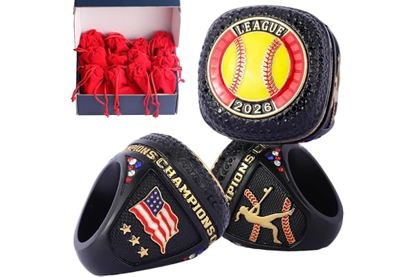 TOPSPORTSJEWELRY 12 pcs Pack Date 2026 League Softball Sports Awards Championship Trophy Ring Size 9.5 Softball League Awards,Softball Team Awards,Softball Players Awards