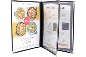 Ylittaa Menu Covers/Booklet, Triple Page, 3 Pockets, 6 View, for 8.5" x 11" Letter Size Paper, Pack of 6, Black Edging + Silver Metal Corner, Made with Leatherette & Vinyl