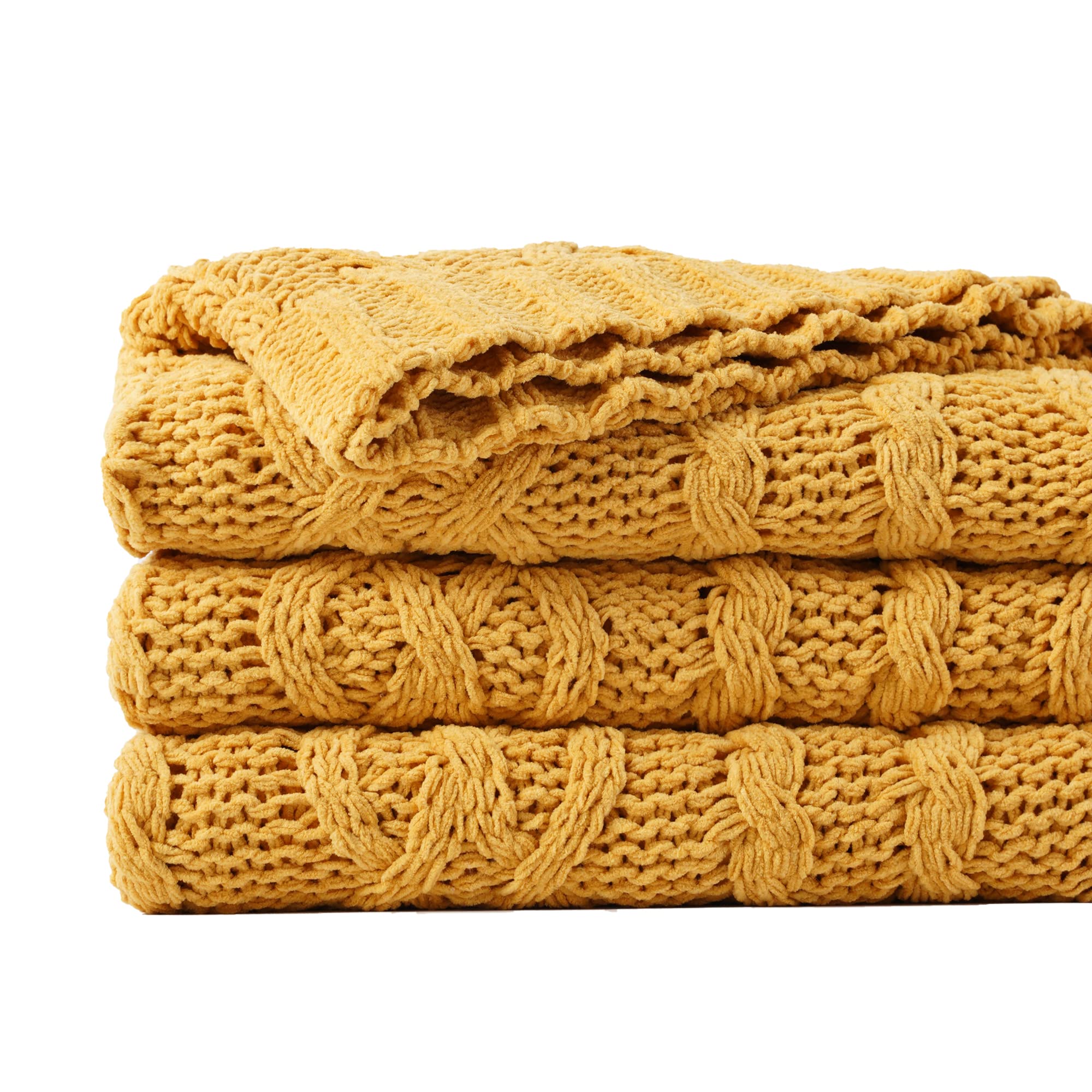 Battilo Mustard Yellow Throw Blanket for Sofa Bed Couch Chair, Yellow Chenille Knitted Throw, Soft Warm Cozy Decorative Sofa Throw, Bed Blanket, 130x170cm