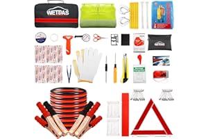 WETBAS Roadside Emergency Kit for Car, Vehicle Auto Truck Safety Emergency Road Side Assistance Kits Essentials with Jumper Cables, Safety Hammer, Tow Rope, Reflective Warning Triangle