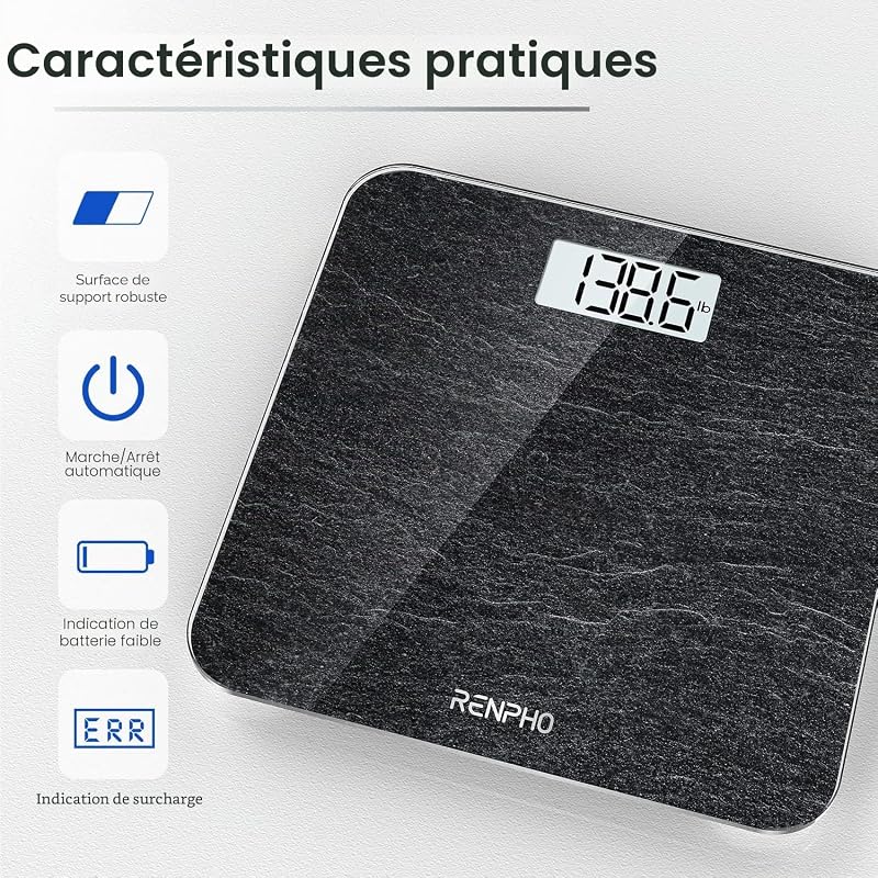 Pèse-personne Numérique RENPHO, Pèse-personne de Haute Précision avec Affichage Lumineux, Technologie Step-On, 400 lb, Marbre, Core 1S