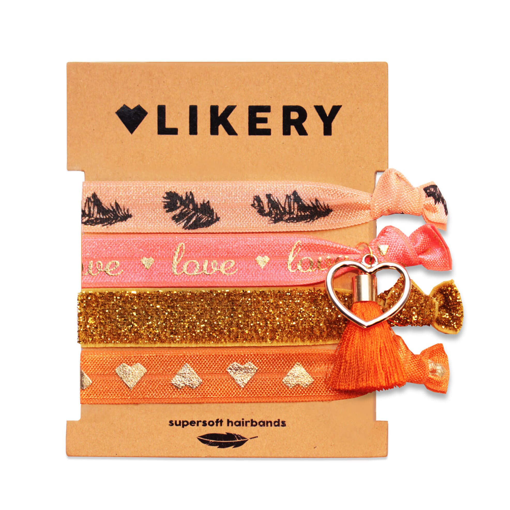 Super soft hair ties or bracelets, printed with feathers, love, hearts, extra bright colours, silky-shimmering fabric, sparkling glitter ribbon, with sweet followers