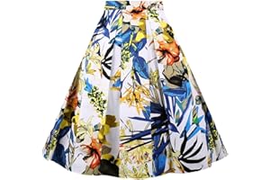 Girstunm Women's Pleated Vintage Skirt Floral Print A-line Midi Skirts with Pockets