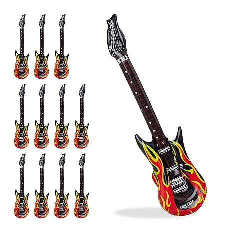 Relaxdays 12x Aufblasbare Gitarre Flames im Set, Air Guitar zum Aufblasen, Karaoke-Accessoire, Luftgitarre, PVC, 95cm, schwar