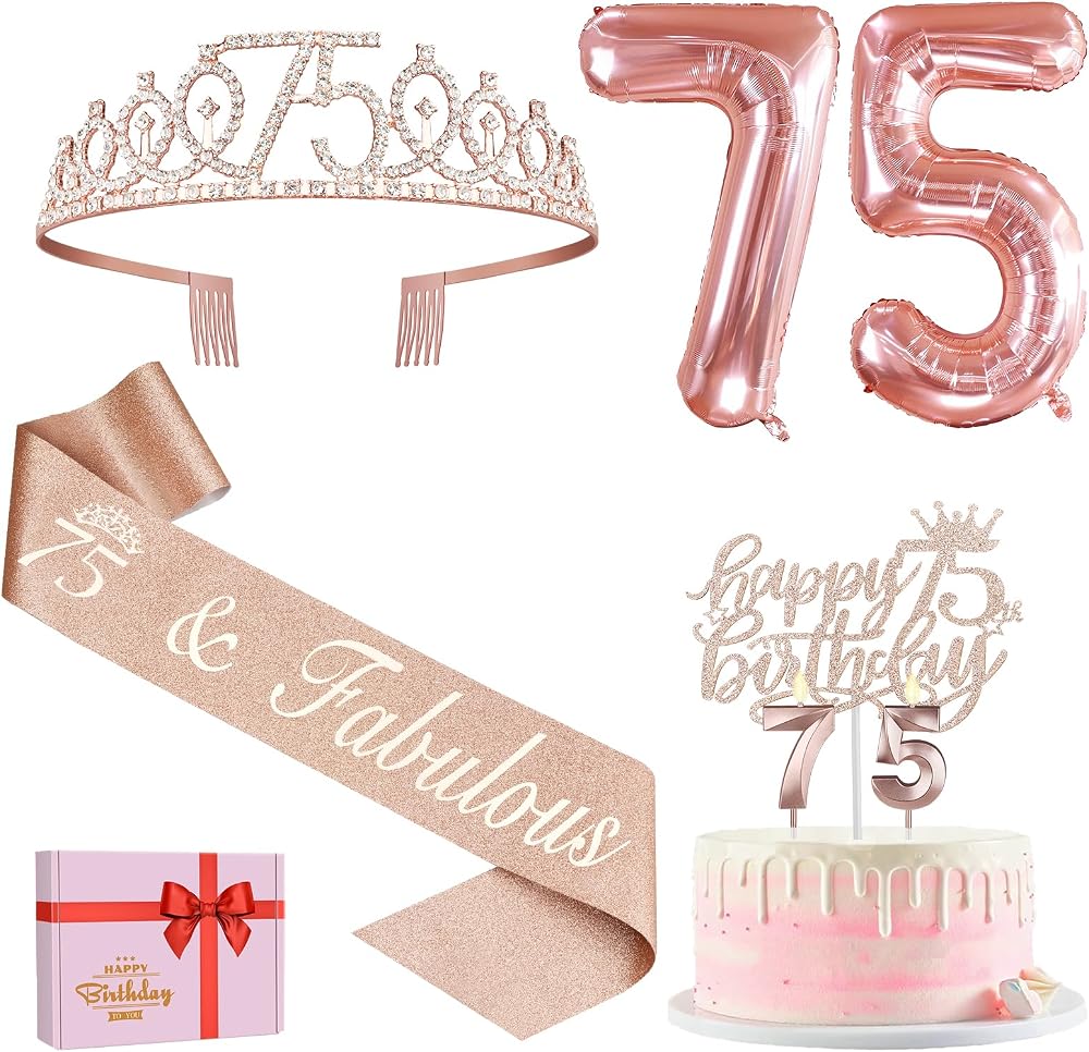 Amosking 75th Birthday Decorations Sash Tiara Cake Topper Balloons Gift Box
