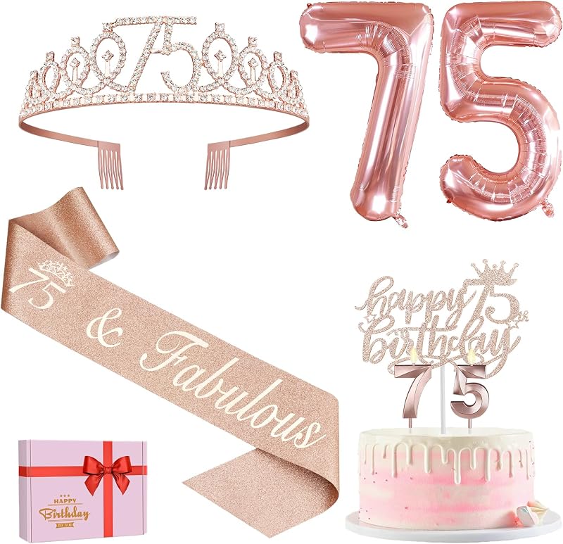 Amosking 75th Birthday Decorations Sash Tiara Cake Topper Balloons Gift Box
