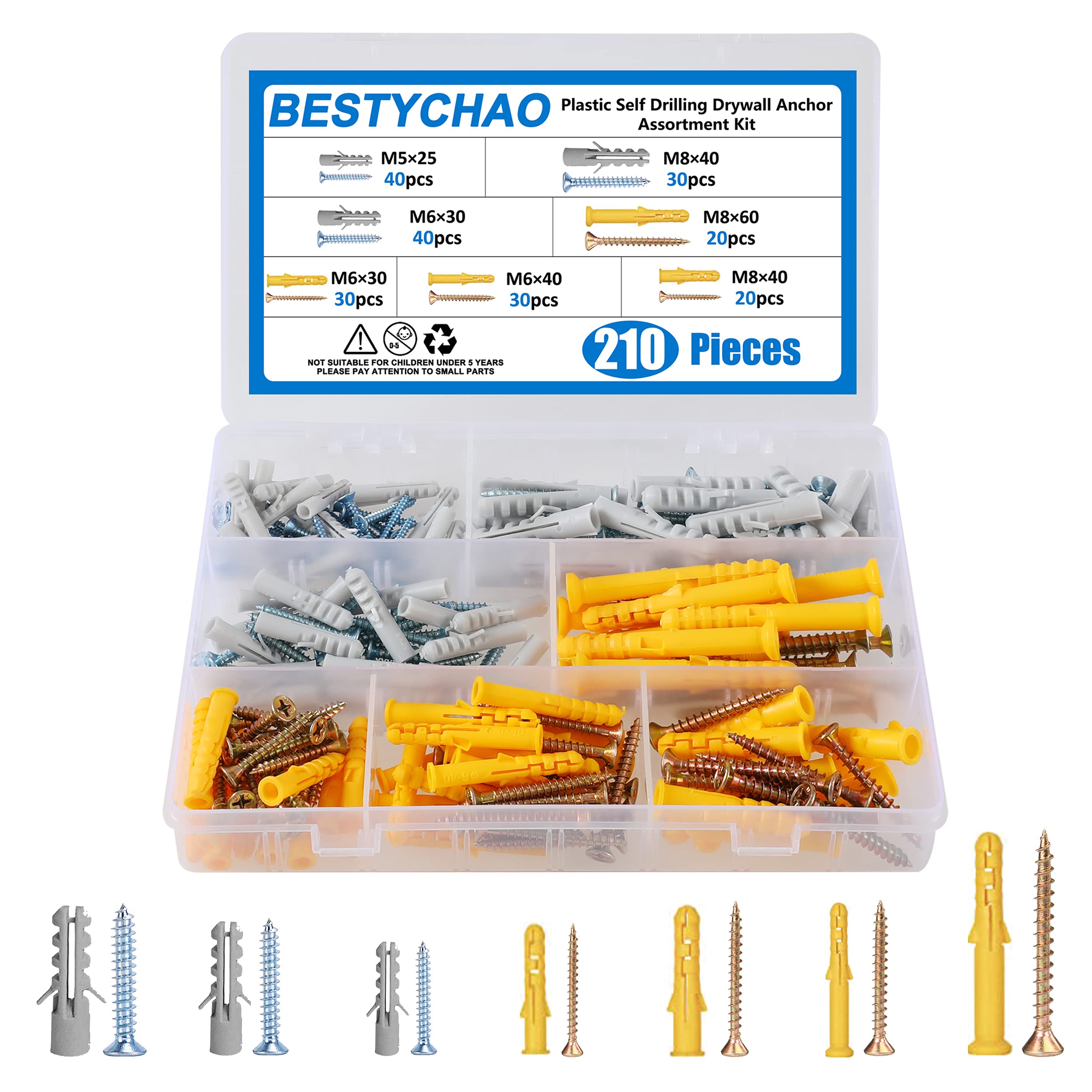 BESTYCHAO 210pcs Drywall Plugs and Self Drilling Screws Set, 7 Sizes Plastic Hollow Wall Anchor Screws Assortment Kit, Masonry Brick Wall Concrete Wall Fixings M5 M6 M8