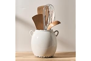 JIEMEI HOME Kitchen Utensil Holder with Handle, 6.69" Ceramic Farmhouse Stable Utensil Crock for Countertop, Cooking Tool Org