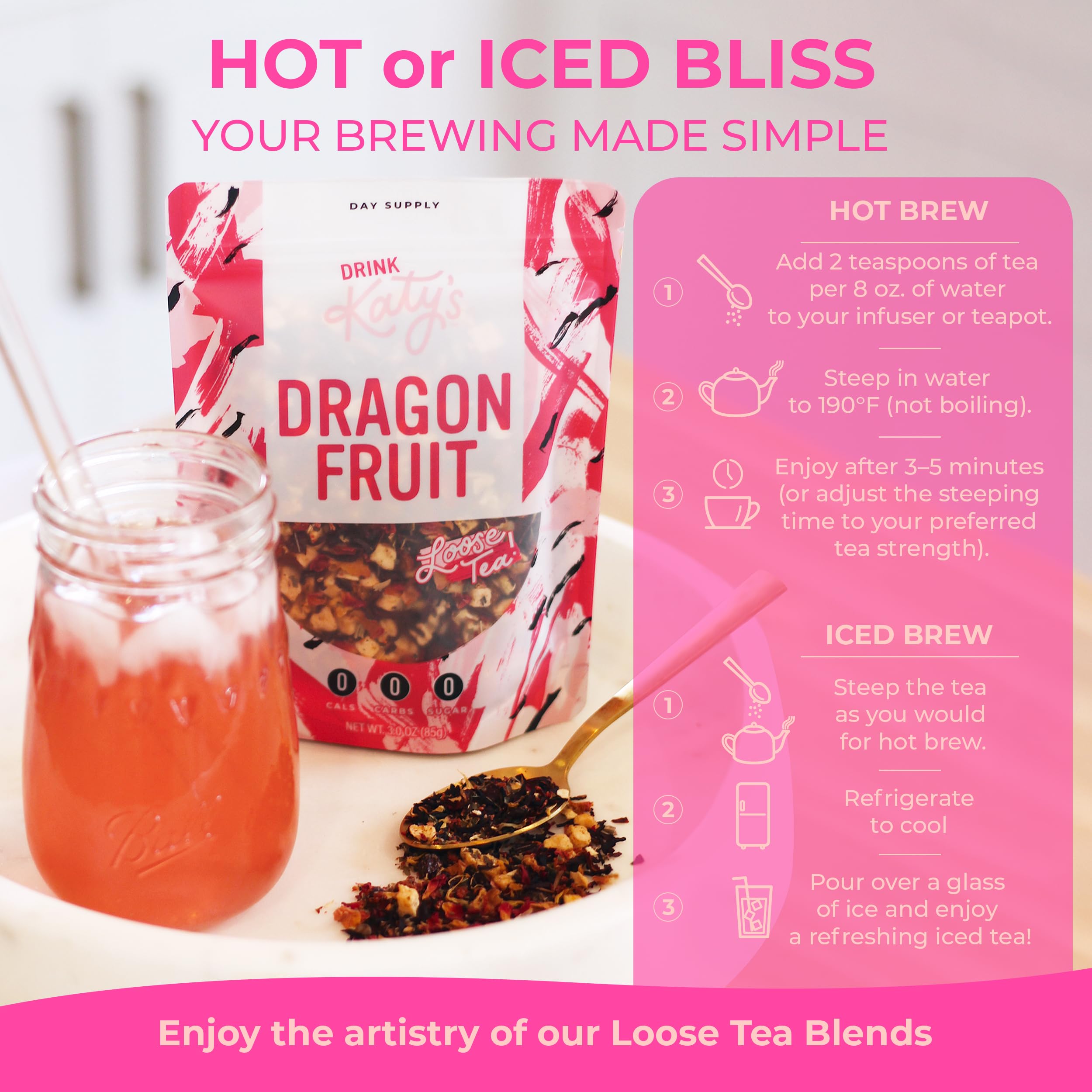 Katy's Dragonfruit Loose Leaf Tea | Hydrating & Fruity Herbal Tea | Hibiscus, Dragonfruit & Pineapple | Caffeine-Free Fruit Tea | 30+ Cups | Hot or Iced | Antioxidant-Rich | Woman-Owned | 3oz Pouch
