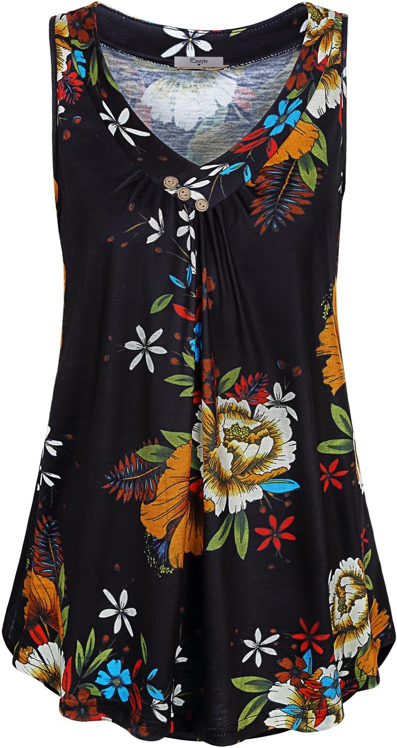 Womens Sleeveless V Neck Shirts Pleated Front Flowy Tank Tops
