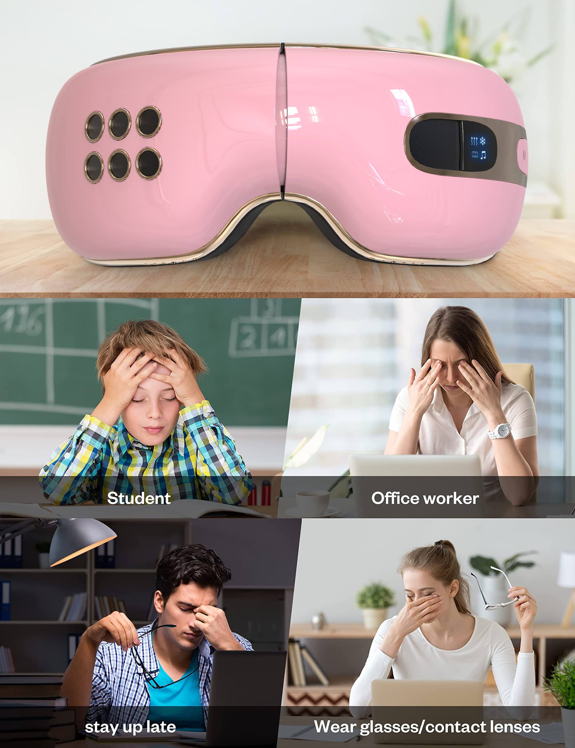 Fmlave Eye Massager with Heat and Cooling for Migraines, Dry Eyes, Dark Circles, Rechargeable Heated Eye Mask Massager Improve Sleeping - Gifts for Women and Men (Pink)