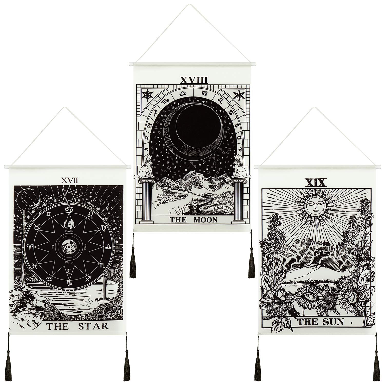 Boao 3 Pieces Moon Star Sun Tapestry, Black and White Art Wall Hanging Decoration for Bedroom, Living Room, Office
