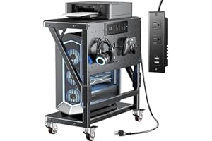 POKIPO Computer Tower Stand with Charge Station and USB Port,Pc CPU Holder Cart for Floor Carpet with Wheels,Heavy Duty Metal,Adjustable Height,Rolling Pc Printer Desktop Under Desk for Home Office