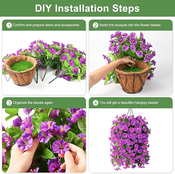 INQCMY ARTIFICIAL FLOWERS FOR OUTDOOR SPRING SUMMER DECORATION FAUX SILK MORNING GLORY FAKE HANGING FLOWERS UV RESISTANT LOOK REAL FOR HOME PORCH (3PCS PURPLE OMBRE+1 BASKE)