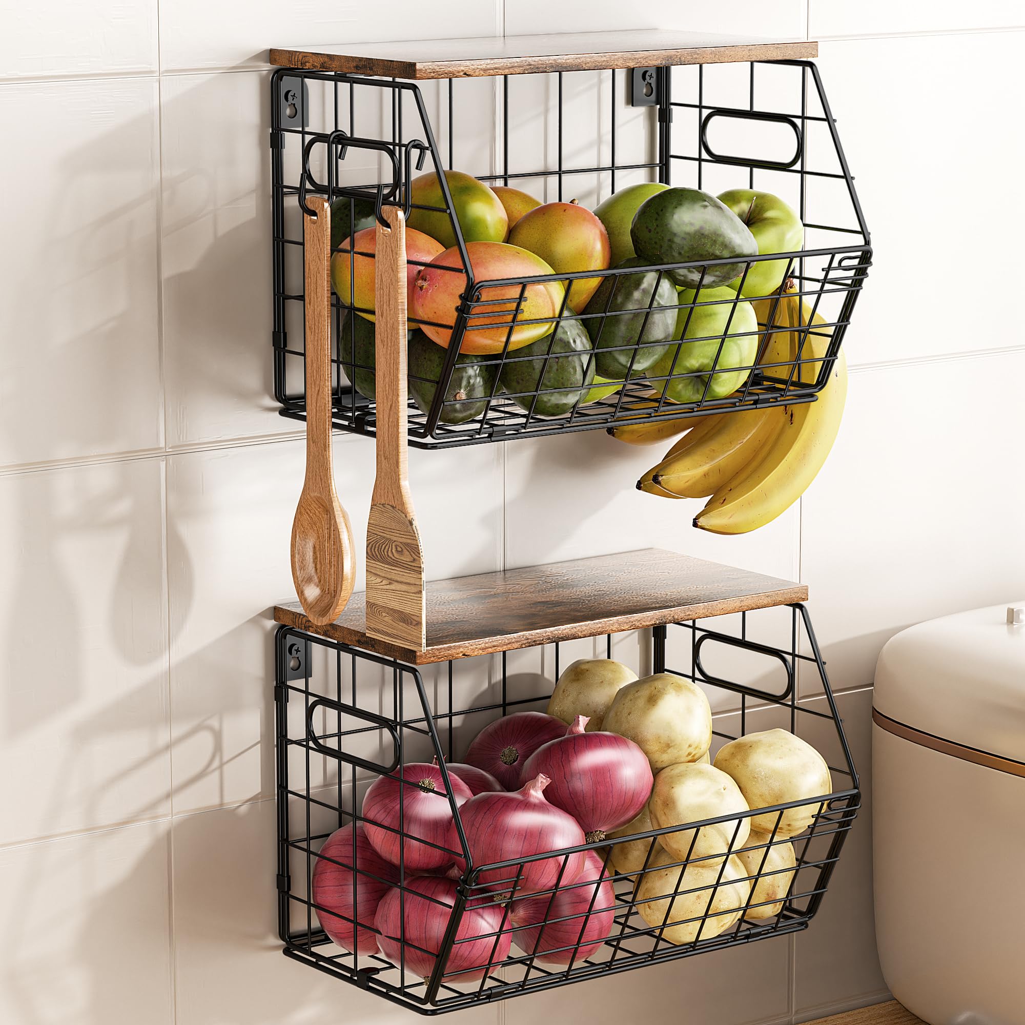 Photo 1 of Delamu 2-Pack Stackable Metal Fruit Basket with Wood Lid - Wall Mounted & Countertop Organizer for Kitchen,Pantry- Ventilated Storage for Onions,Potatoes,Fruits,Spices (12x8x8.3in)