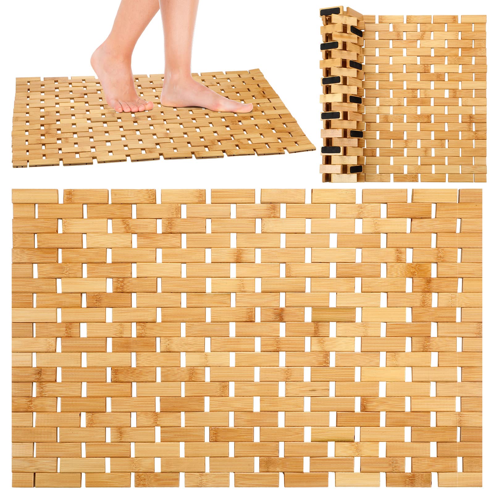 Photo 1 of 2 Pcs Bamboo Bath Mat Bathroom Rugs Floor Wood Shower Mat Non Slip Waterproof Wooden Shower Rug with Nonskid Silicone Pads for Bathroom Floor Spa Bathtub Kitchen(24 x 16 inches)