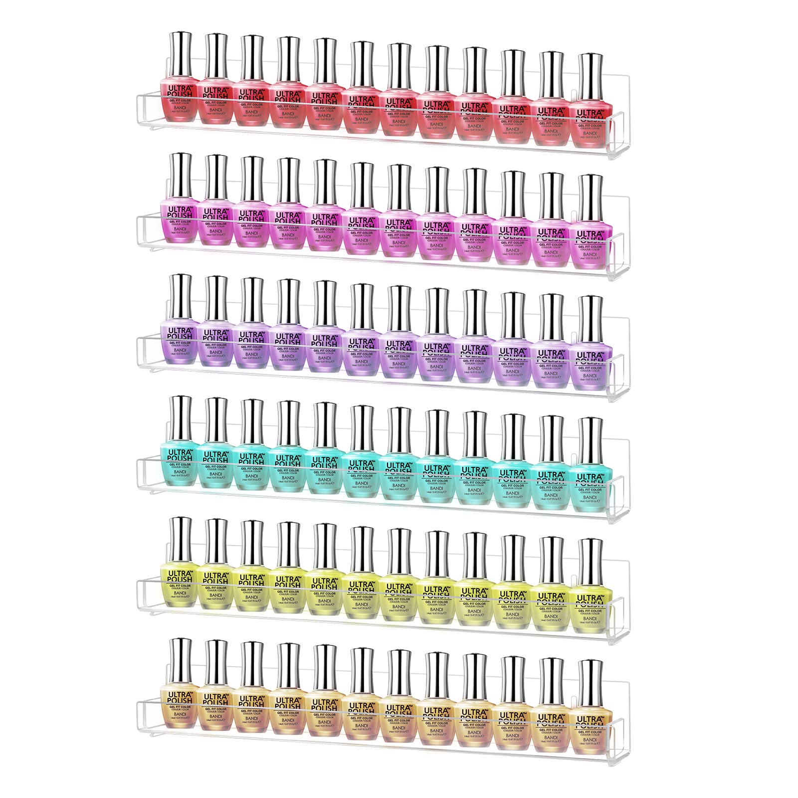 CECOLIC 6 Pack Acrylic Nail Polish Rack Wall Mounted Shelf Holds up to 90 Bottles, Clear Nail Polish Storage Organizer with Removable Anti-slip End Inserts for Wall Display - 15 inches