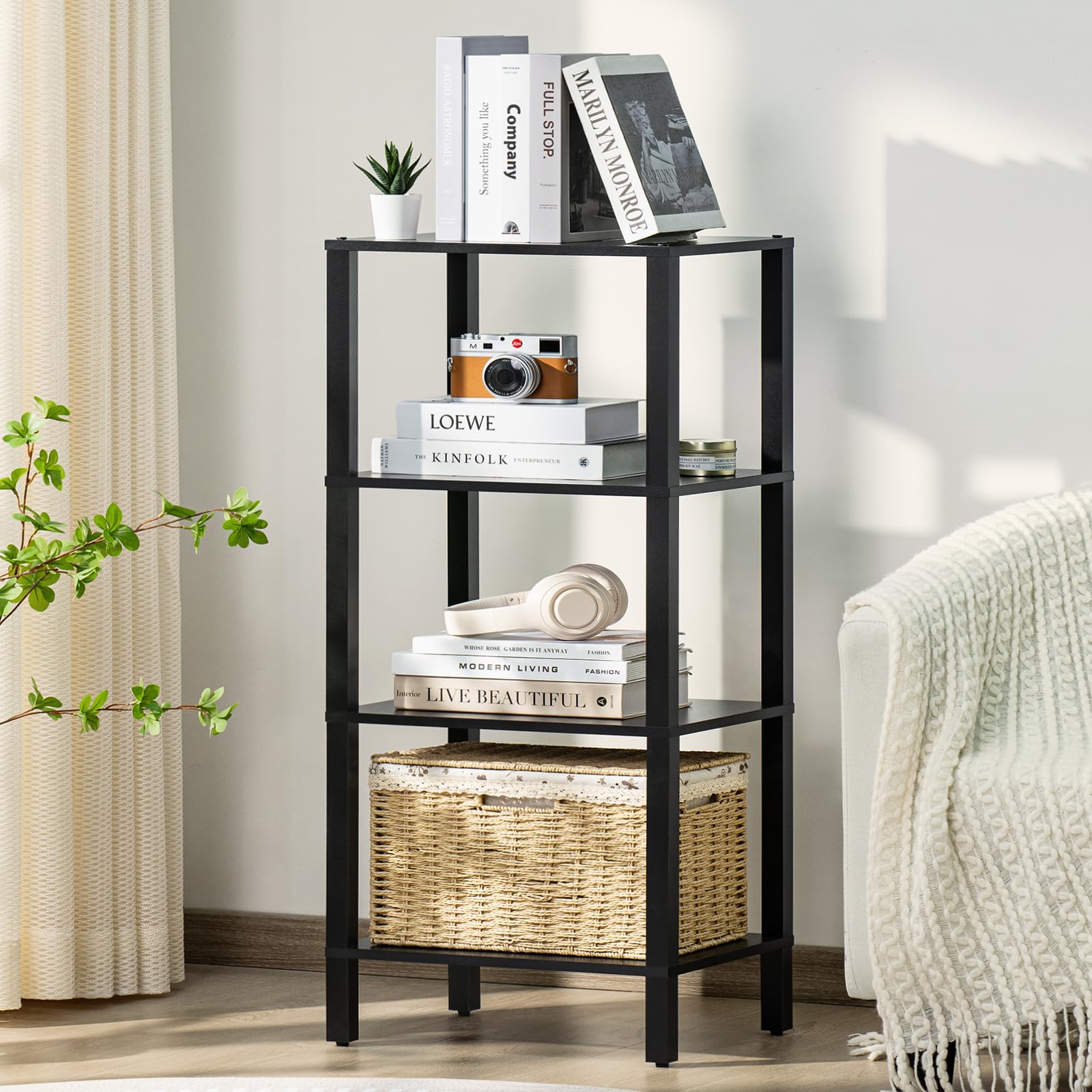 Photo 1 of YUFAM 4 Tier Tall Wooden Bookshelf with Storage - Small Bookcase for Small Spaces, Shelf for Living Room, Office, Bedroom, Kitchen - Industrial Modern Black Book Shelf