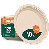 Stack Man Deep Dish Paper Plates, Heavy Duty Disposable Dinner Plates [125-Pack] 10 Inch Plates - 100% Compostable Eco-Friendly, Biodegradable Sugarcane Bagasse, Natural Brown 10" (9" Deep)