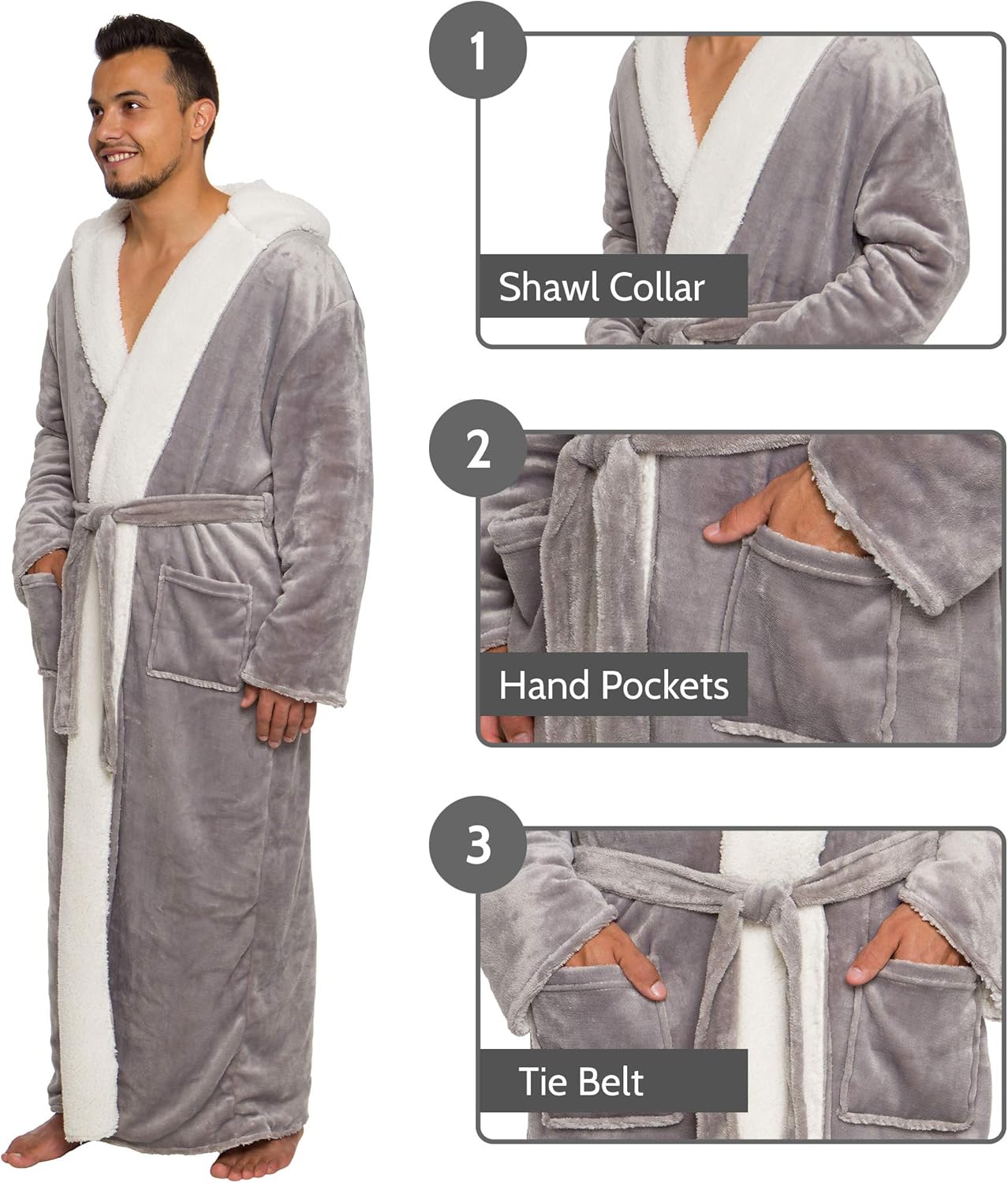 Ross Michaels Mens Sherpa-Lined Hooded Long Bathrobe - Full Length Luxury Plush Big & Tall Robe (Grey, L/XL) at  Men’s Clothing store