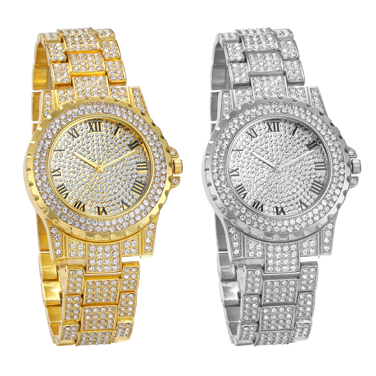 JewelryWe Men Women Watches Stylish Rhinestone Round Quartz Watch Gold Plated Stainless Steel Wristwatch for Fathers Day