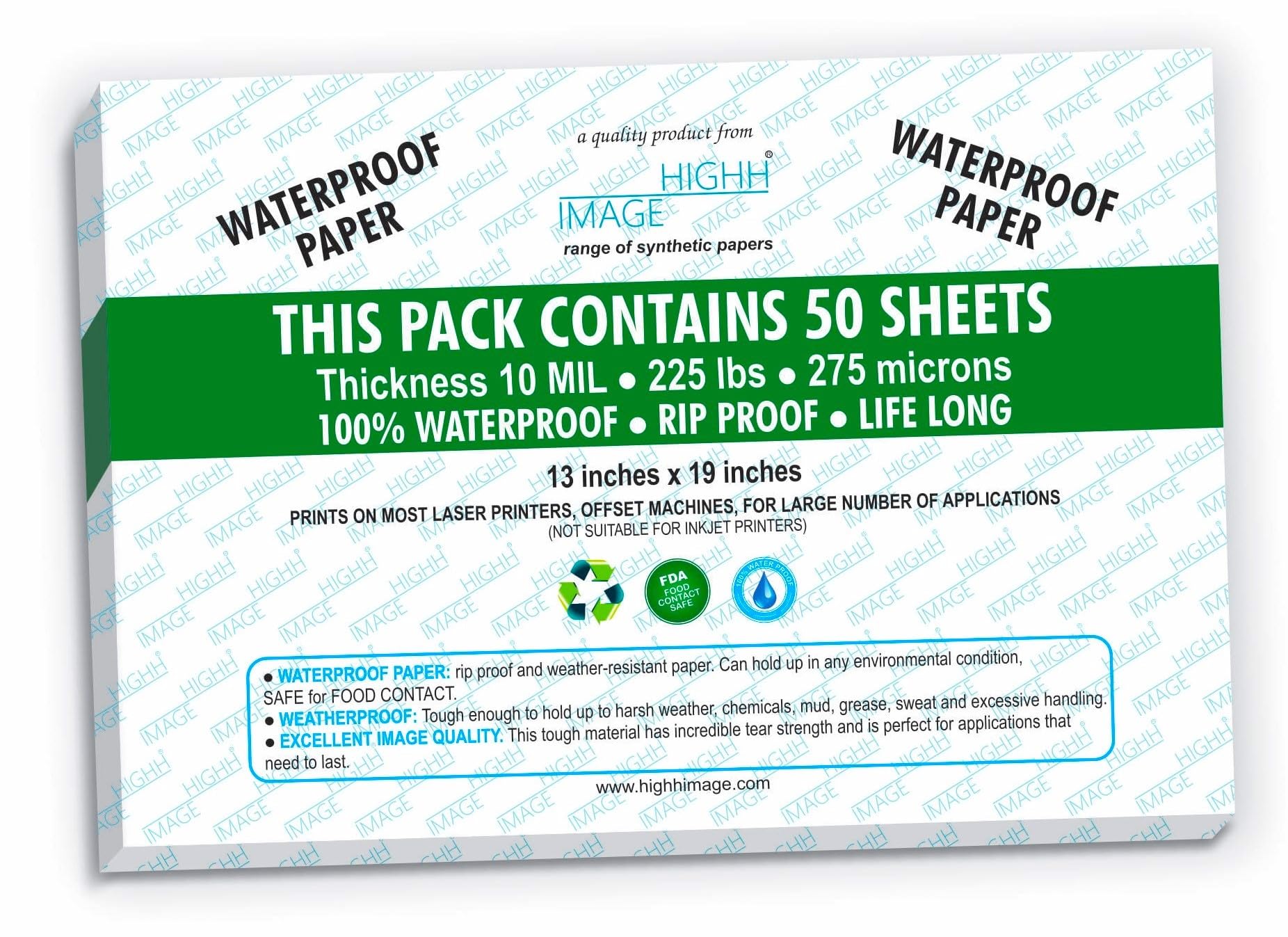 Waterproof Papers Tear-Proof Paper, Weather-Proof Paper 13 X19 INCH 50 Sheets, 350 GSM 275 Microns 10 MIL Laser Printer Paper
