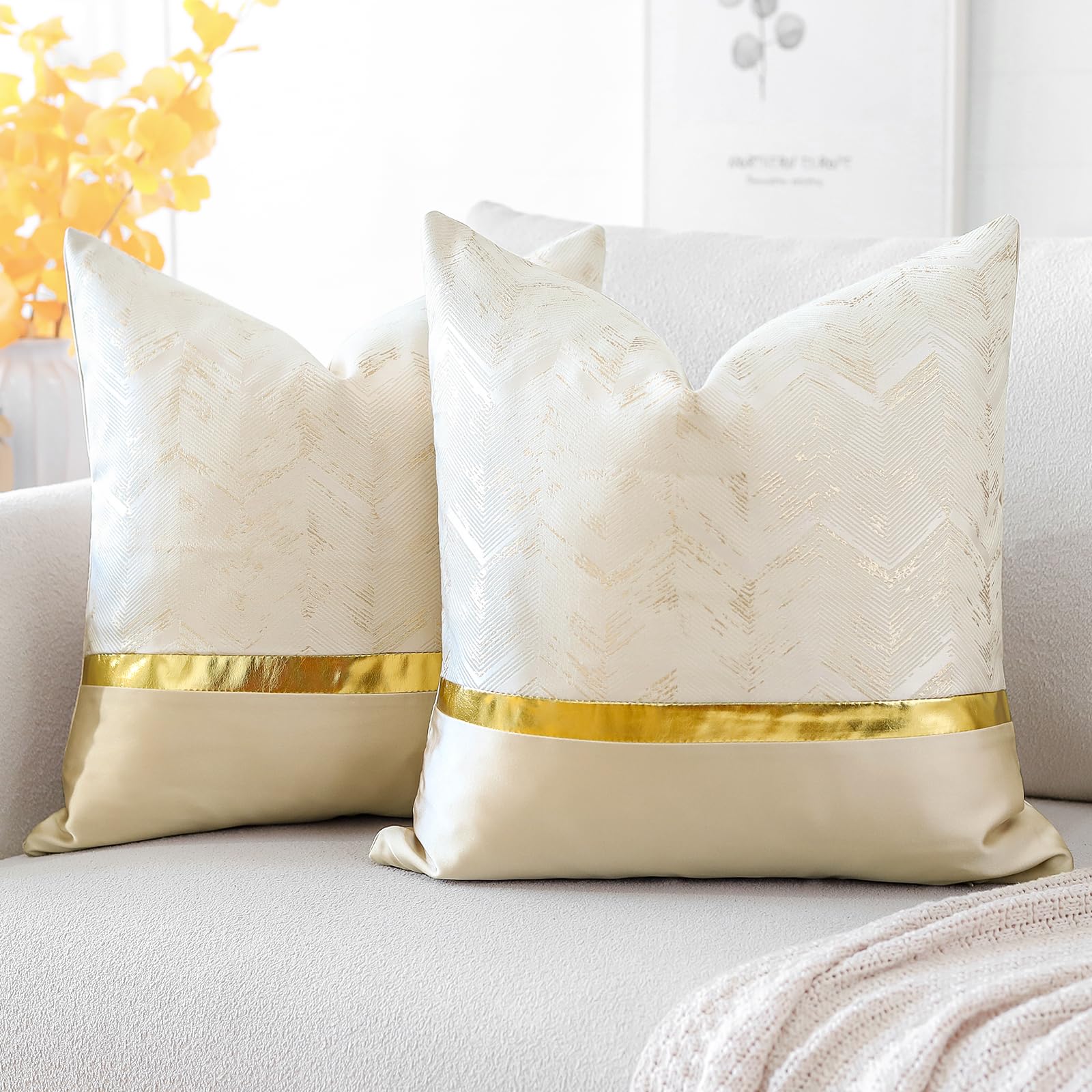 Artscope Set of 2 Cushion Cover for Bed Couch Sofa Car Decor Luxury Modern Minimalist Gold Leather Stitching Wavy Stripes Square Pillowcase Throw Pillow Covers 45x45cm (Beige)